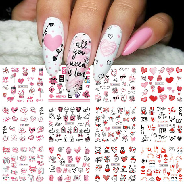 12pcs Valentines Nail Stickers Sweet Love Letter Water Decals Cute Nail Art  Transfer Sliders 2023 Manicure Foils LABN2485-2496 - AliExpress